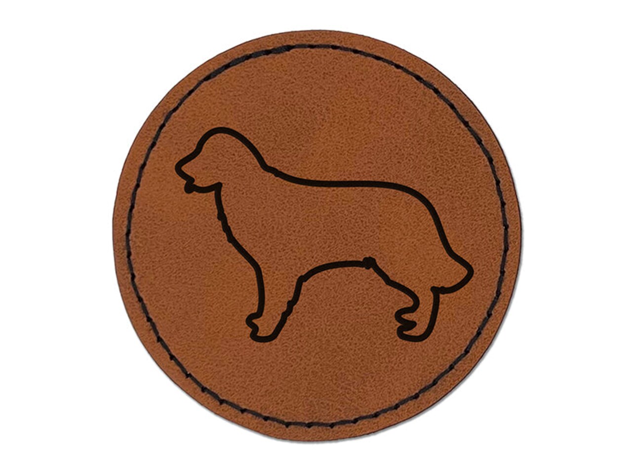 Golden Retriever Dog Outline Round Iron-On Engraved Faux Leather Patch Applique - 2.5"